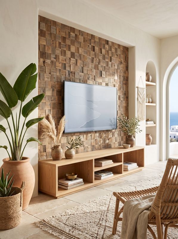 Kare blok ahşap panolu TV duvarı ve ahşap TV ünitesi