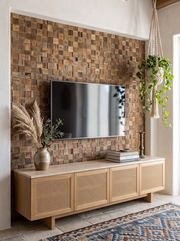 Makrome süslemeli salonda ahşap pano kaplı TV duvarı